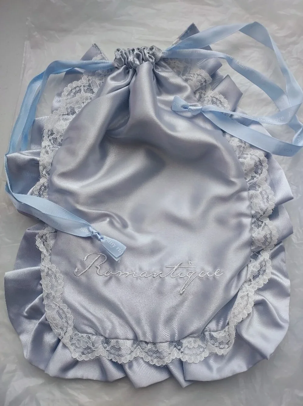 Japan brand grey silver lace Satin Lace cloths cosmetic drawstring bag pouch